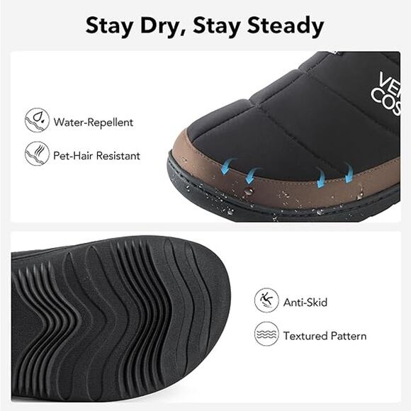 VeraCosy Black Quilted Waterproof Memory Foam House Slippers Size  Men's 13-14 - Picture 5 of 5